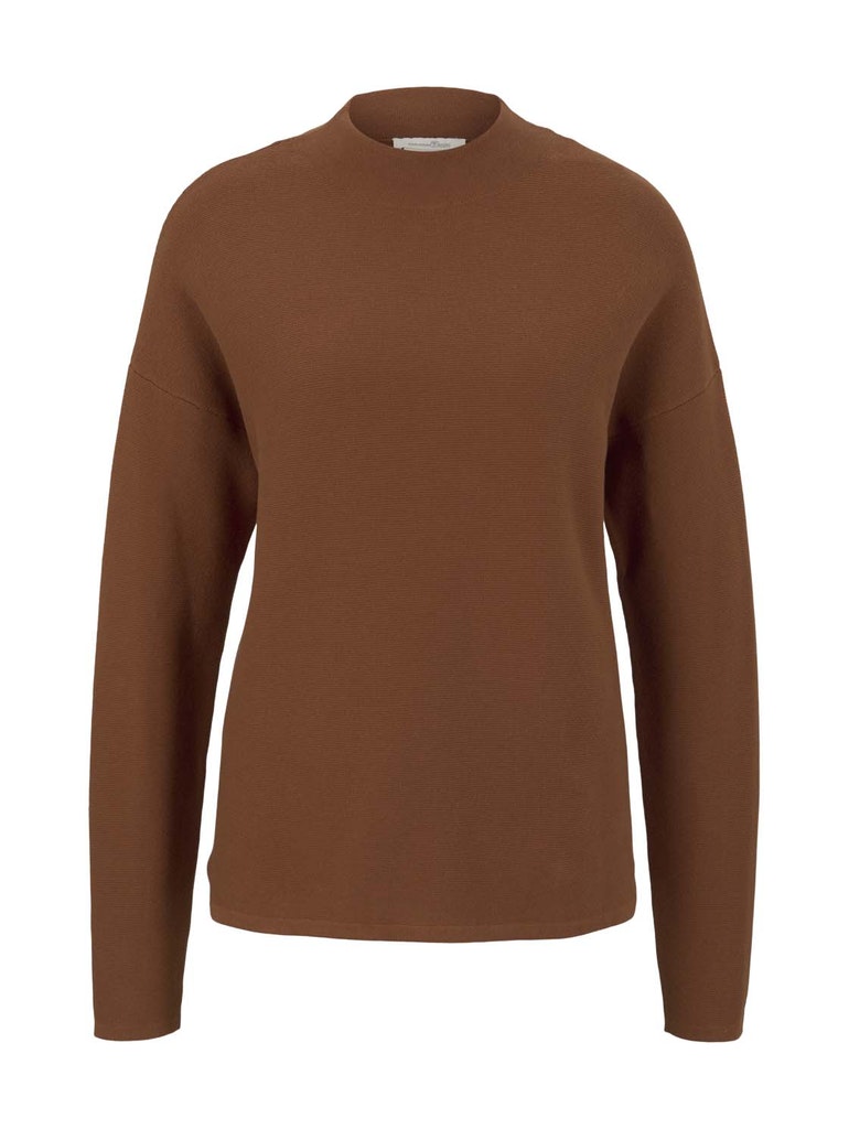 structured mock neck pullover, amber brown
