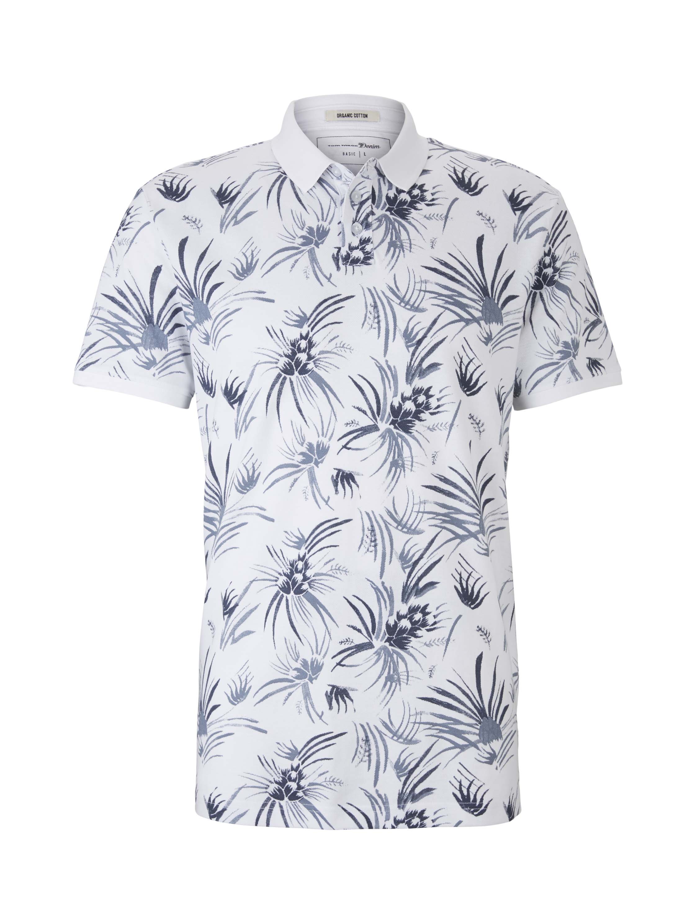 polo with all over print, white navy thistle print