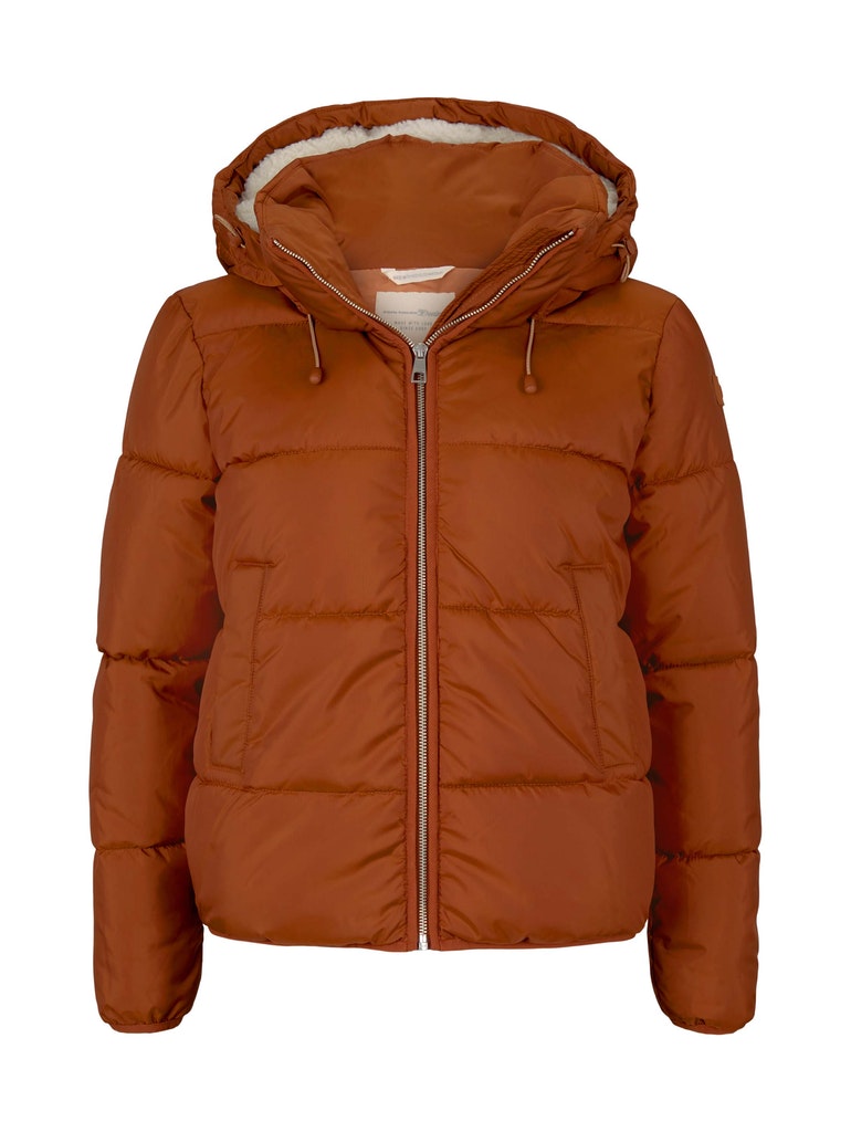 short puffer with hood, amber brown