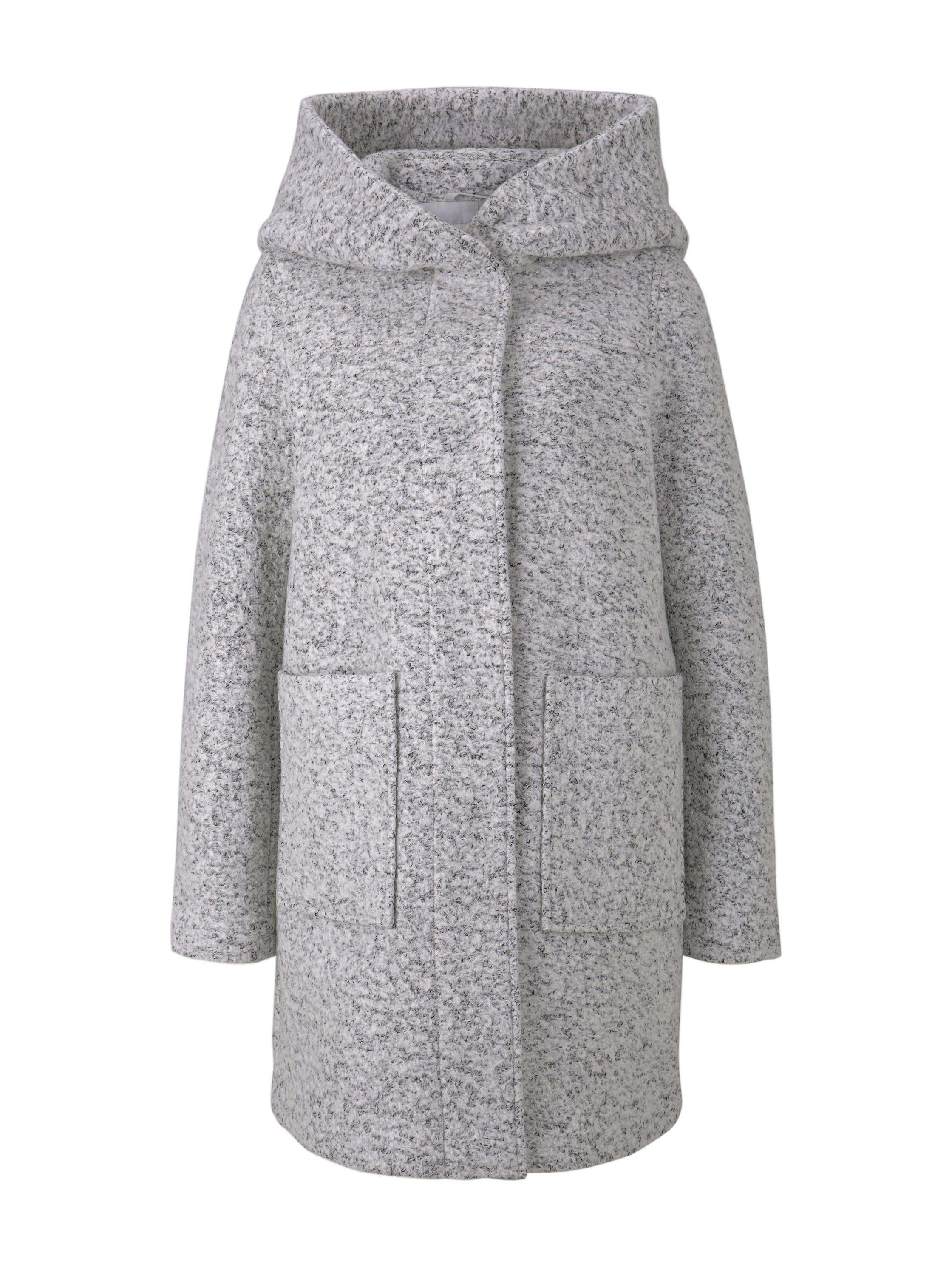 boucle wool coat with hood, grey black boucle