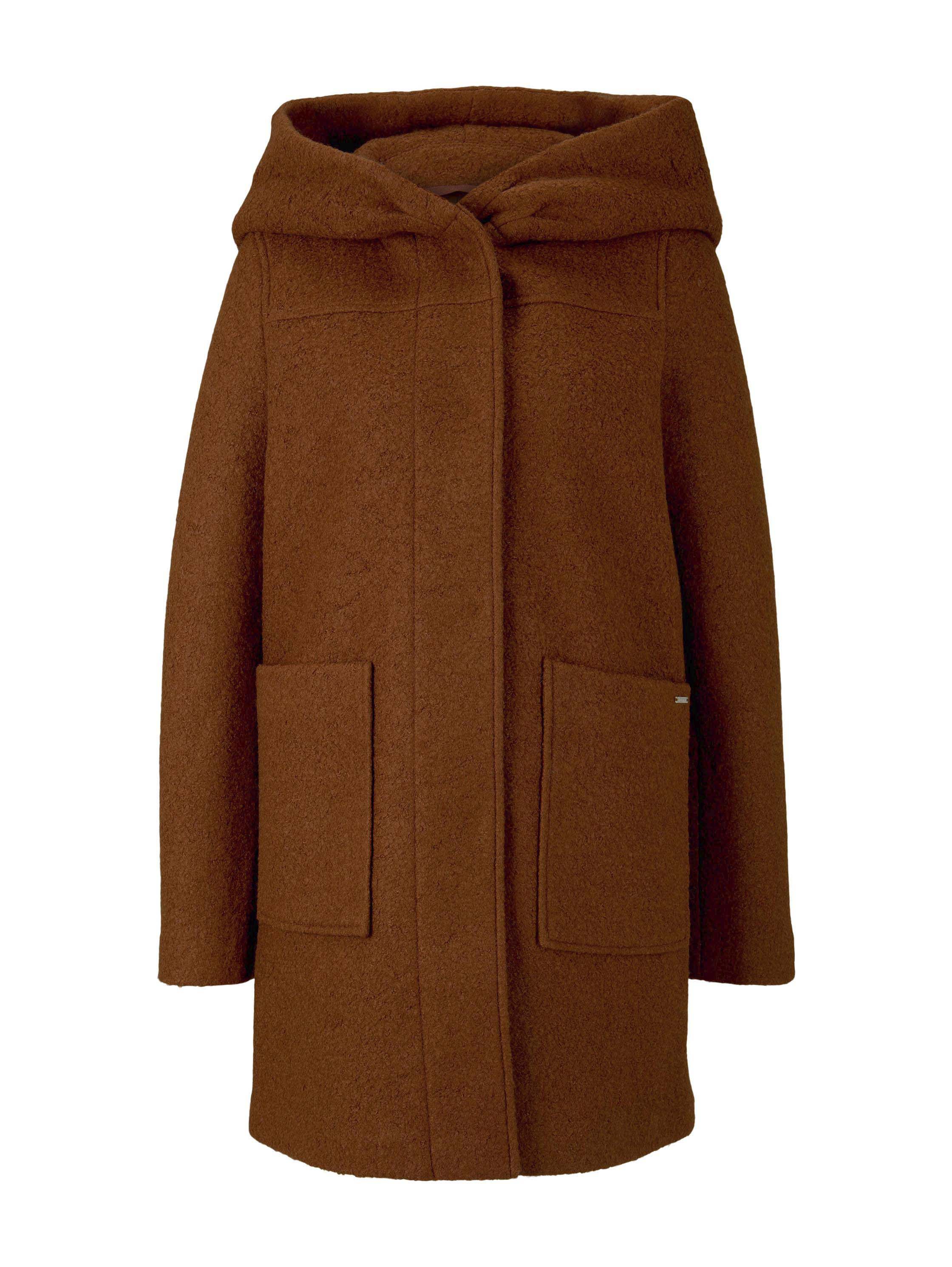 boucle wool coat with hood, burnt hazelnut brown