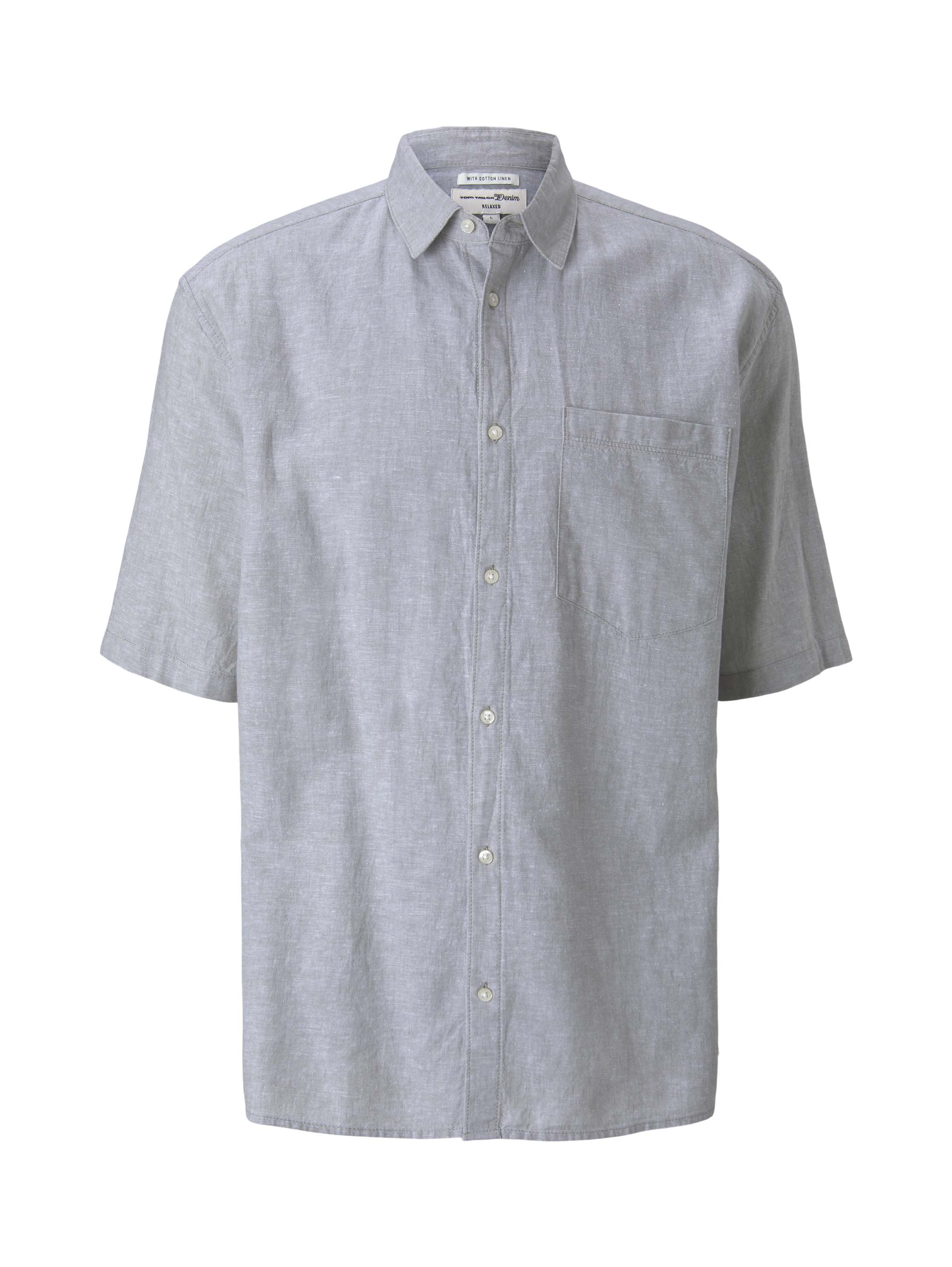 boxy linen short sleeve shirt, olive white chambray