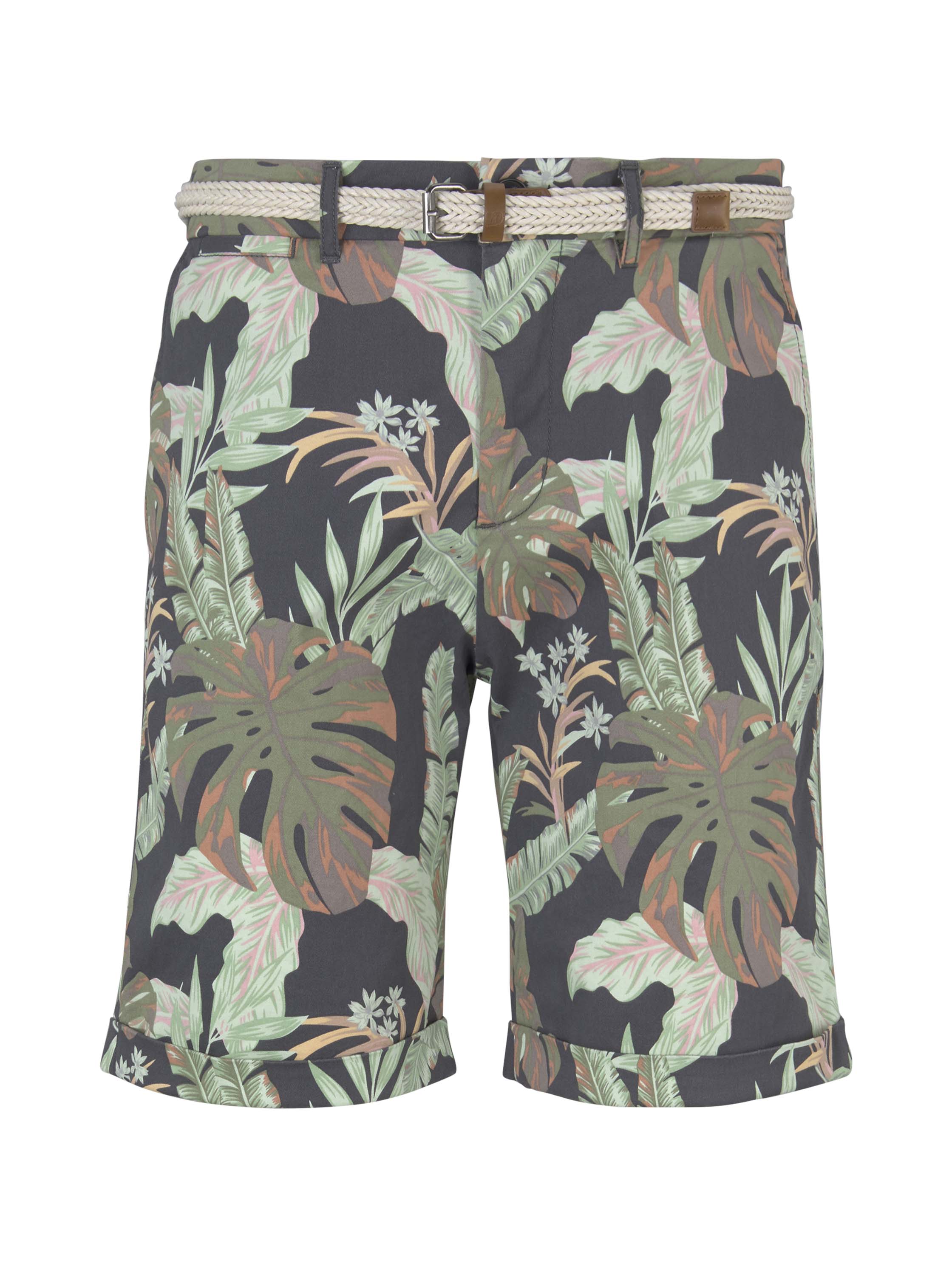 aop chino shorts, tropical monstera leaf print