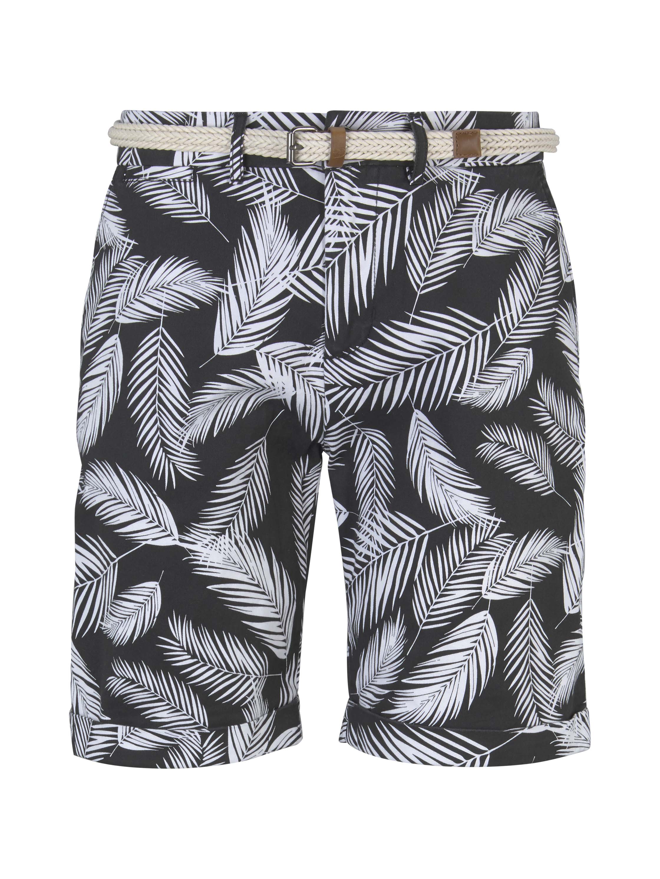 aop chino shorts, black white palm leaves print